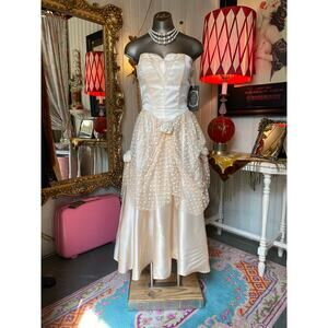 vintage 1980s blush satin prom dress strapless 80s formal glitter tulle cupcake